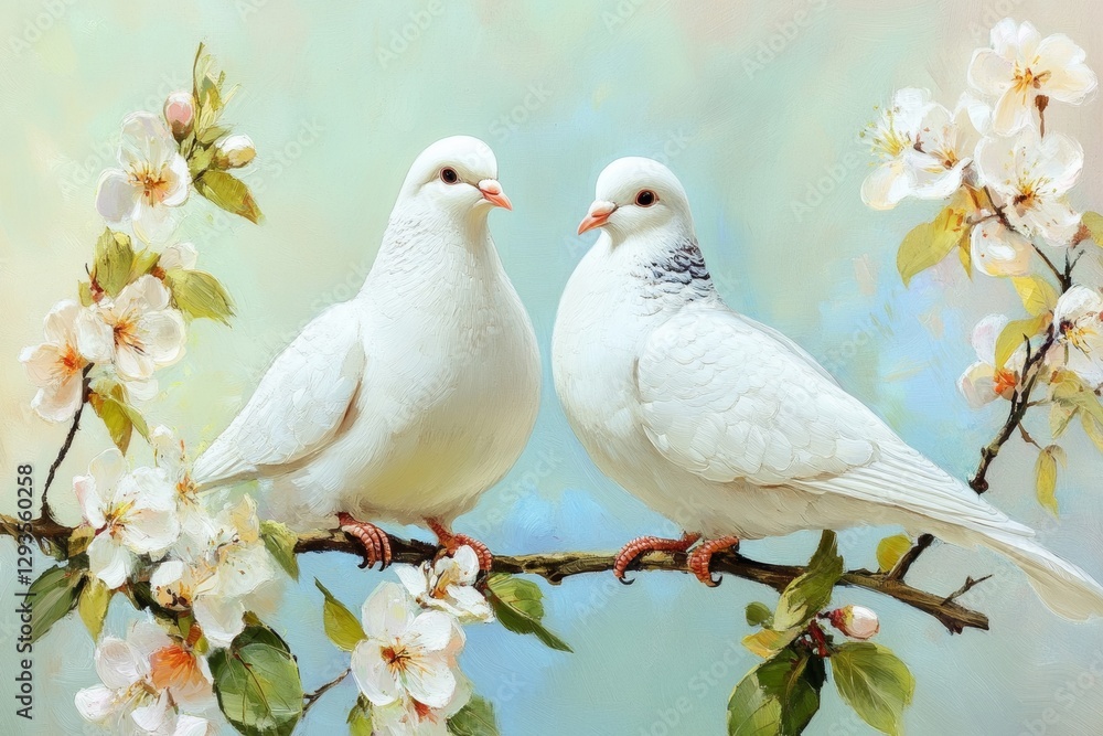 Fototapeta premium two white doves in love sitting on a blooming sakura branch, generative AI