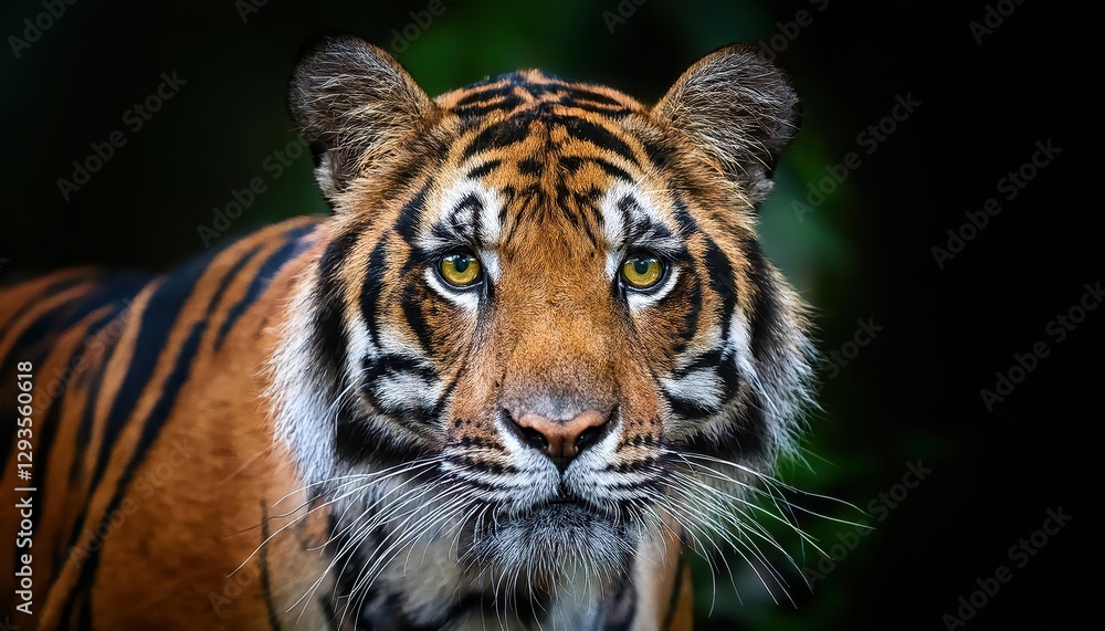 Naklejka premium Front View of Sumatran Tiger in a Lush Jungle, Majestic Stripes Pop Against Rich Greenery with a Rays of Sunlight Filtering Through, Capturing the Power and Beauty of Natures Apex Predator