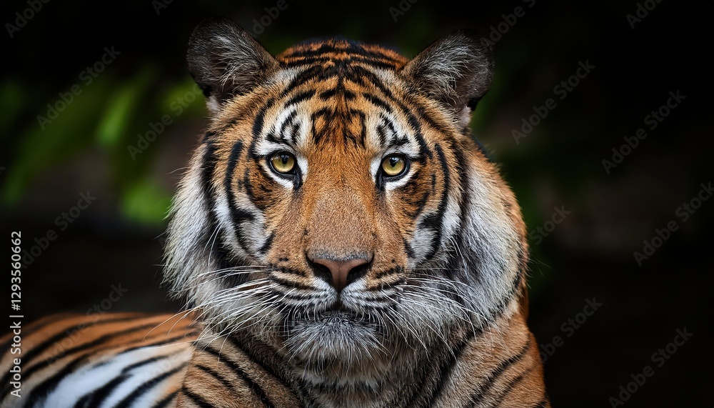 Front view of Sumatran Tiger, Majestic Stripes Illuminating Dense Jungle at Sunset, Capturing the Wild Beauty and Power in Sumatras Tropical Landscape Front view of Sumatran Tiger, Majestic Stripes Illuminating Dense Jungle at Sunset, Capturing the Wild Beauty and Power in Sumatras Tropical Landscape