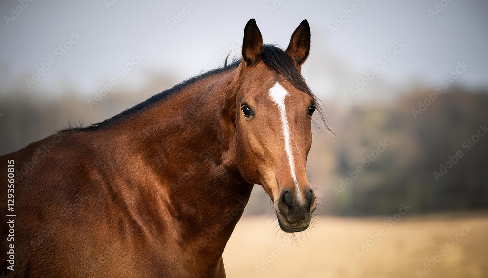 Fototapeta premium Frontal Portrait of a Brown Horse or Mare against a Backdrop of Lush Green Pasture under a Soft Golden Sunset, Showcasing the Majesty and Serenity of Natures Beauty