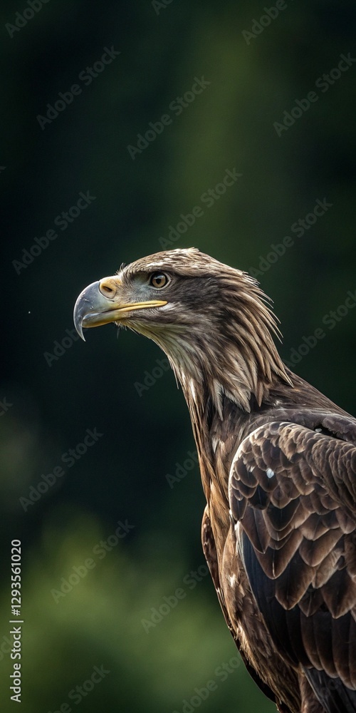 Fototapeta premium Eagle perched with lush greenery in the background.
