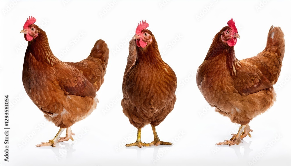 Fototapeta premium Vivid Brown Chicken Hen Stands in Pristine Whiteness, Showcasing Feathered Detail and Captivating Textures, Perfect for Digital Art, Home Decor or Design Inspiration