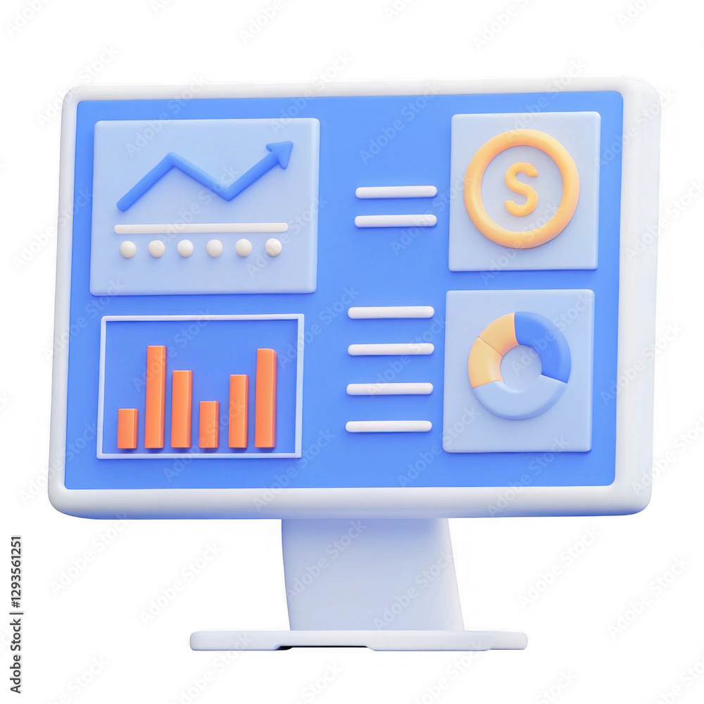 A stylized computer monitor displaying various graphs and numerical data in vibrant colors. A stylized computer monitor displaying various graphs and numerical data in vibrant colors.