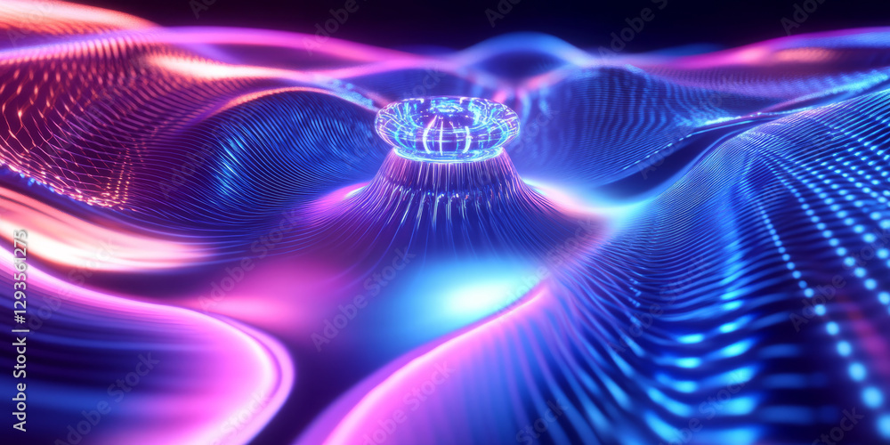 Fototapeta premium A mesmerizing futuristic AI-driven next-gen wireless communication system, displaying glowing cybernetic ultra-fast 6G network pathways, pulsating holographic real-time data transmission grids, and