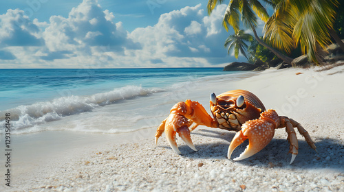 A hermit crab, its shell is white and has orange legs walking along the sandy beach
