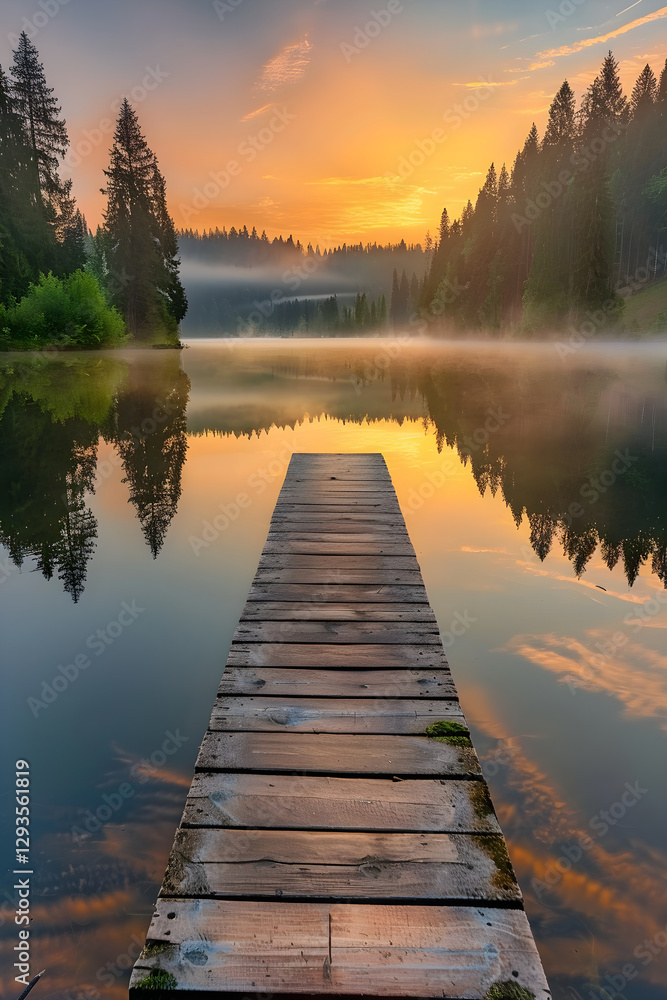 Golden Dawn over Tranquil Lake with Mist and Pine Forest Reflections Golden Dawn over Tranquil Lake with Mist and Pine Forest Reflections