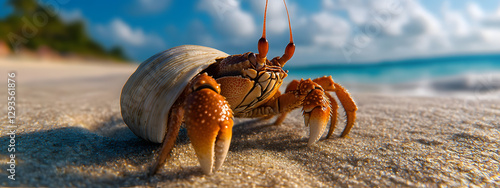 A hermit crab, its shell is white and has orange legs walking along the sandy beach

