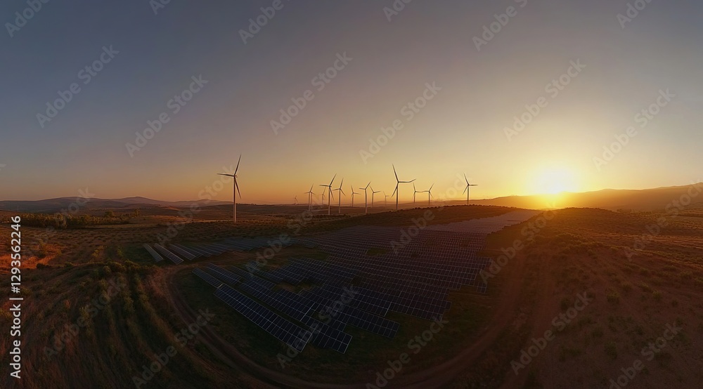 Fototapeta premium Industrial Sunset Landscape with Cranes and Towers
