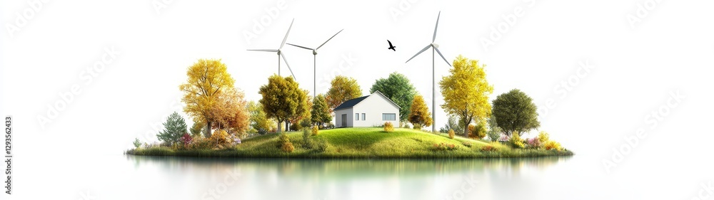 Obraz premium Idyllic countryside landscape with wind turbines and serene lake