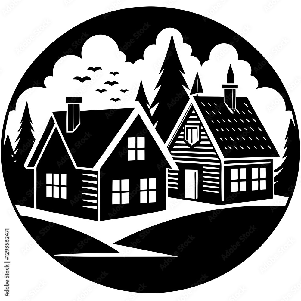 Fototapeta premium Cozy countryside cottages silhouette vector illustration