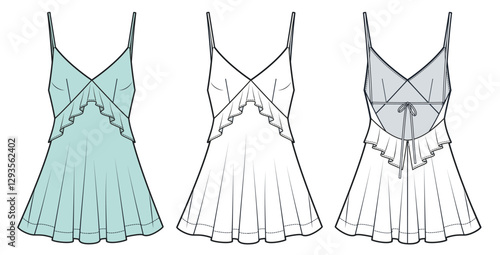 Women Flared Babydoll Dress with Ruffles Technical Fashion Sketch. Spaghetti Straps mini Dress fashion flat technical drawing template, open back, front and back view, white, green, women CAD mockup.