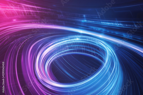 A futuristic abstract technology background featuring a massive data vortex, glowing with neon blue and magenta energy trails. Floating holographic symbols, digital pathways, and intricate cybernetic