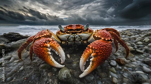 A hermit crab, its shell is white and has orange legs walking along the sandy beach
