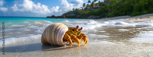 A hermit crab, its shell is white and has orange legs walking along the sandy beach
