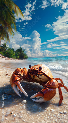 A hermit crab, its shell is white and has orange legs walking along the sandy beach
