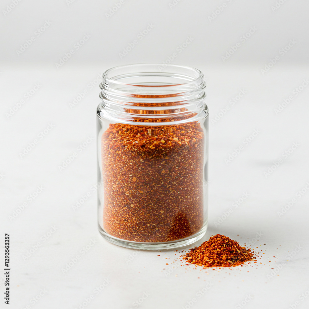 A transparent spice jar containing Cajun seasoning, placed on a white background with a small amount of seasoning spilled beside it A transparent spice jar containing Cajun seasoning, placed on a white background with a small amount of seasoning spilled beside it