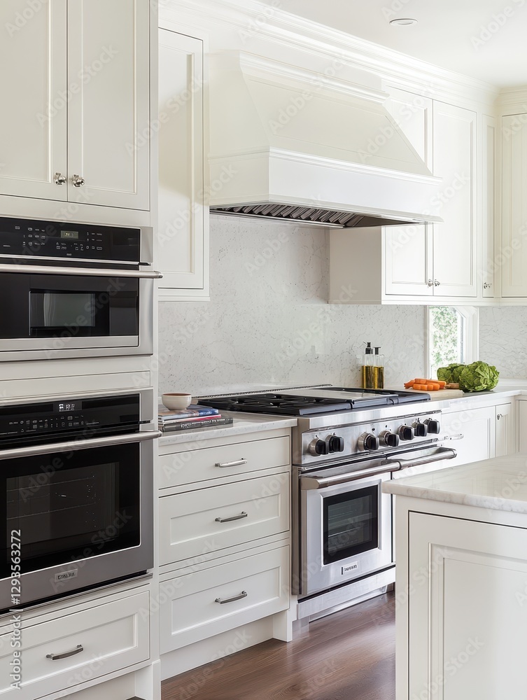 Fototapeta premium A modern kitchen showcases stainless steel appliances and white cabinets