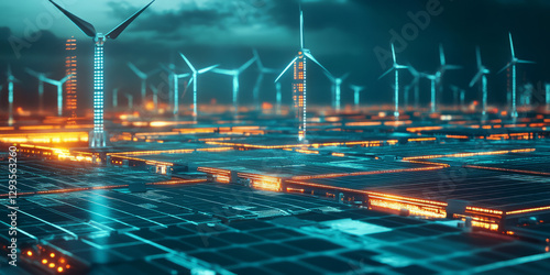 A glowing futuristic AI-powered sustainable energy grid, featuring cybernetic smart solar and wind optimization pathways, pulsating holographic real-time efficiency monitoring grids, and swirling