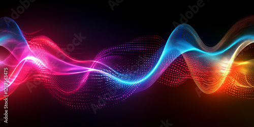 A futuristic abstract background with flowing streams of neon plasma energy, forming intricate wave-like patterns. The glowing ribbons of light twist and intertwine, creating a mesmerizing high-tech