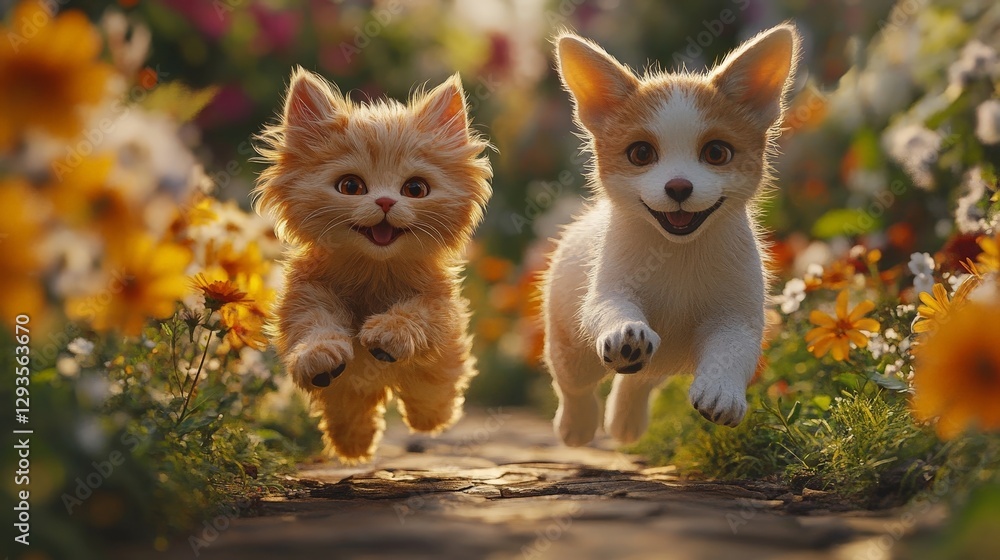 Adorable kittens and puppies playing joyfully in a vibrant flower garden Adorable kittens and puppies playing joyfully in a vibrant flower garden