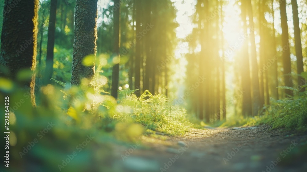 Fototapeta premium Serene forest trail illuminated by golden sunlight in tranquil nature setting