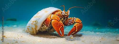 A hermit crab, its shell is white and has orange legs walking along the sandy beach
