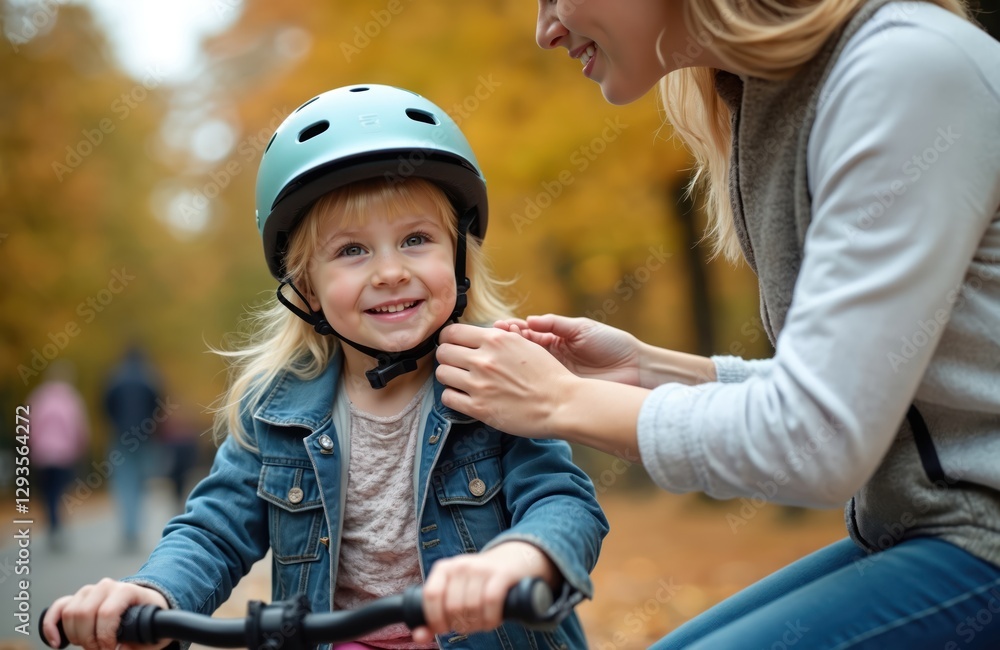 Fototapeta premium Mom fastens safety helmet on blonde girl riding bike in autumn park. Family bike ride on city street with child sport protection. Toddler learns balance, enjoys healthy outdoor lifestyle.