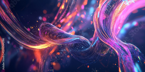 A surreal abstract background with fluid light ribbons flowing through a digital void. The luminous strands intertwine, forming intricate patterns of motion and energy. The high-tech ambiance is
