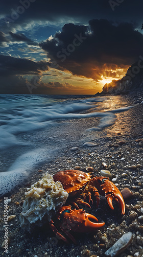 A hermit crab, its shell is white and has orange legs walking along the sandy beach
