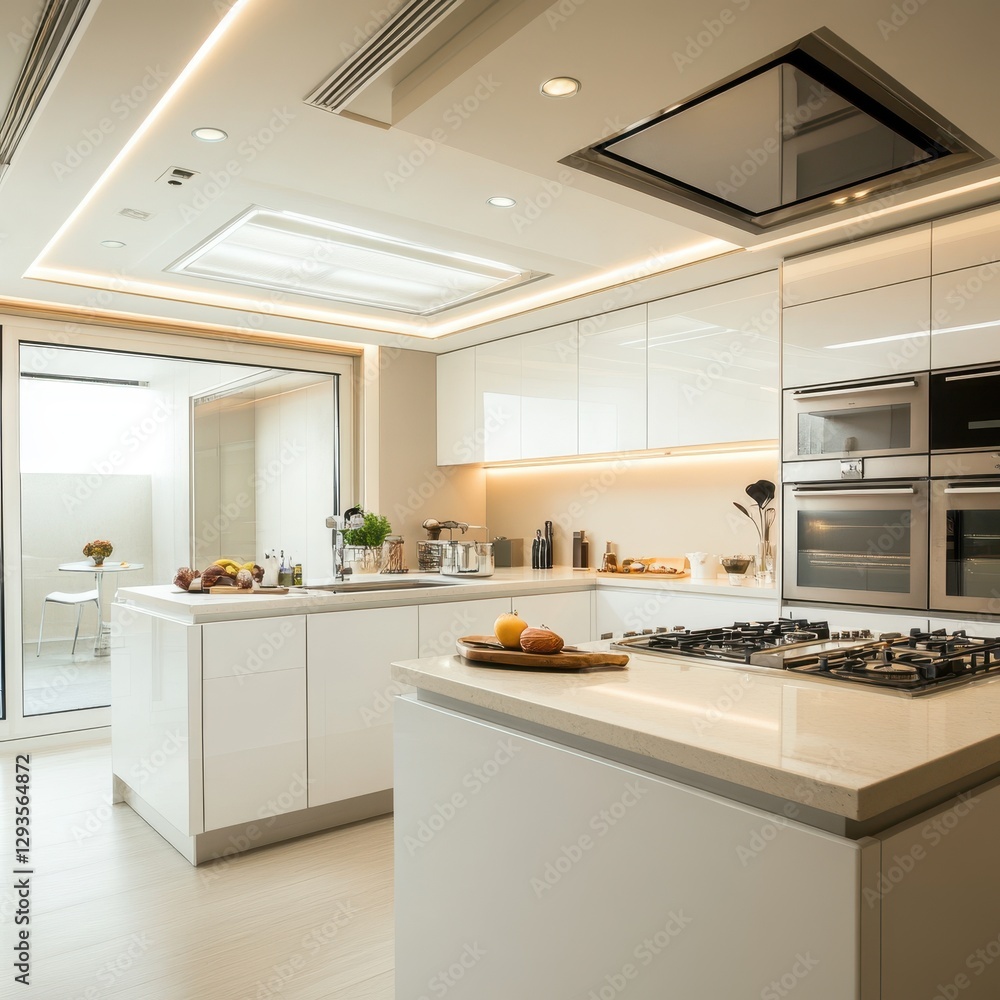 Fototapeta premium The white modern kitchen features a minimalist design and modern amenities