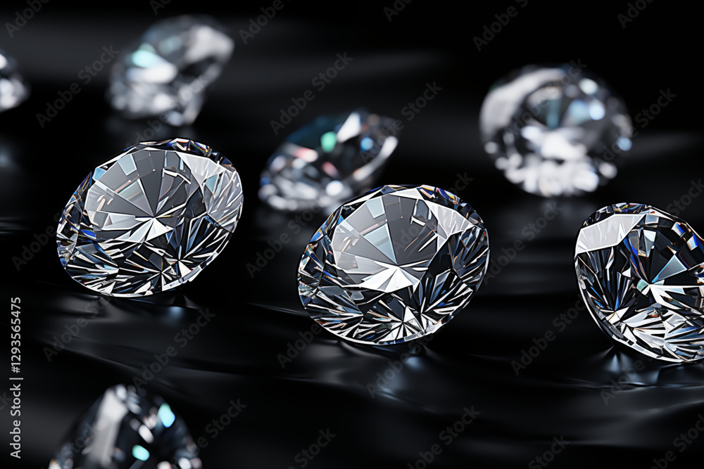 Transparent gemstones on a black background. Diamonds on a dark table. Jewelry. Transparent gemstones on a black background. Diamonds on a dark table. Jewelry.
