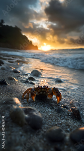 A hermit crab, its shell is white and has orange legs walking along the sandy beach
