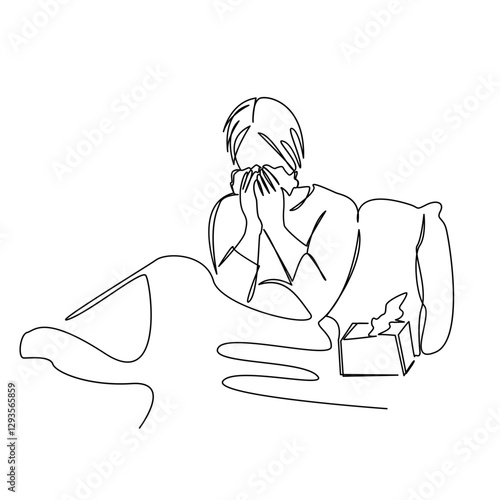 One continuous single drawing line art flat doodle disease, flu, female, girl, nose, sick, virus, allergy. Isolated image hand draw contour on a white background, hand drawn, not AI
