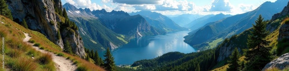 Mountain trail overlooking Lake Como, dramatic cliffside, cliffs, hiking Mountain trail overlooking Lake Como, dramatic cliffside, cliffs, hiking