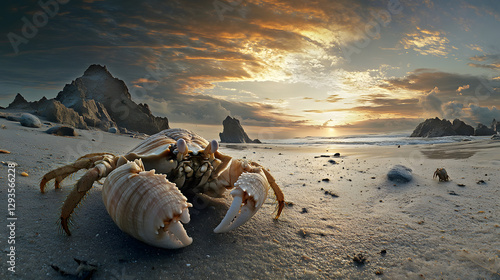 A hermit crab, its shell is white and has orange legs walking along the sandy beach
