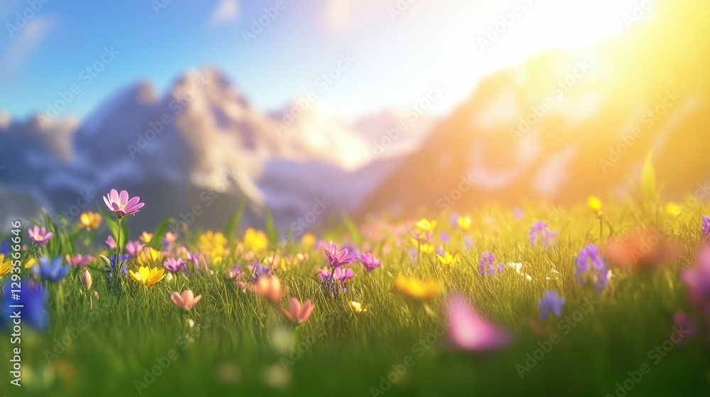 Fototapeta premium Alpine meadow blooming with vibrant flowers, framed by dramatic peaks and illuminated by bright natural light,