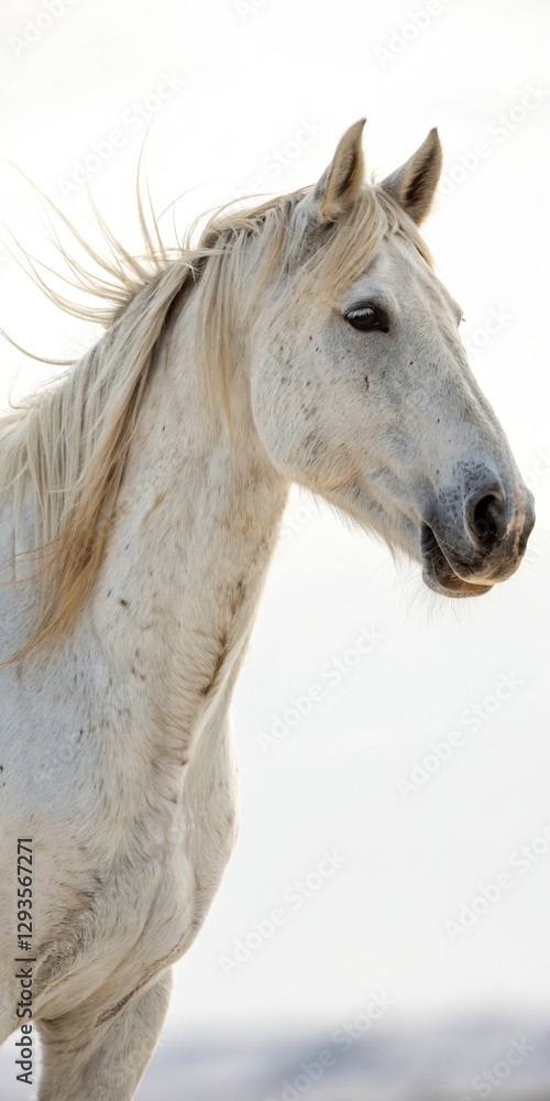 Fototapeta premium White horse with flowing mane in the wind.