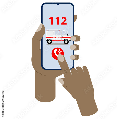 Emergency call 112 concept with ambulance and black hand holding smartphone in illustration. 