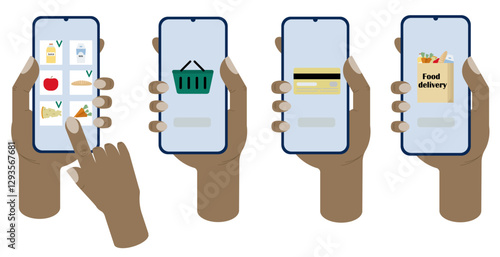 Online shopping concept with black hand using mobile phone for grocery shopping, payment, and food delivery.