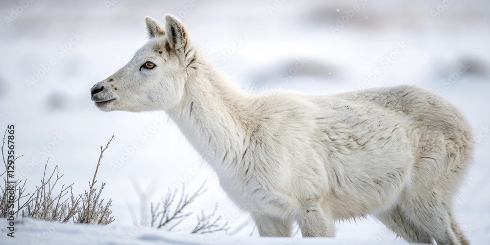 Obraz premium White young horse standing in a snowy field, looking curious.