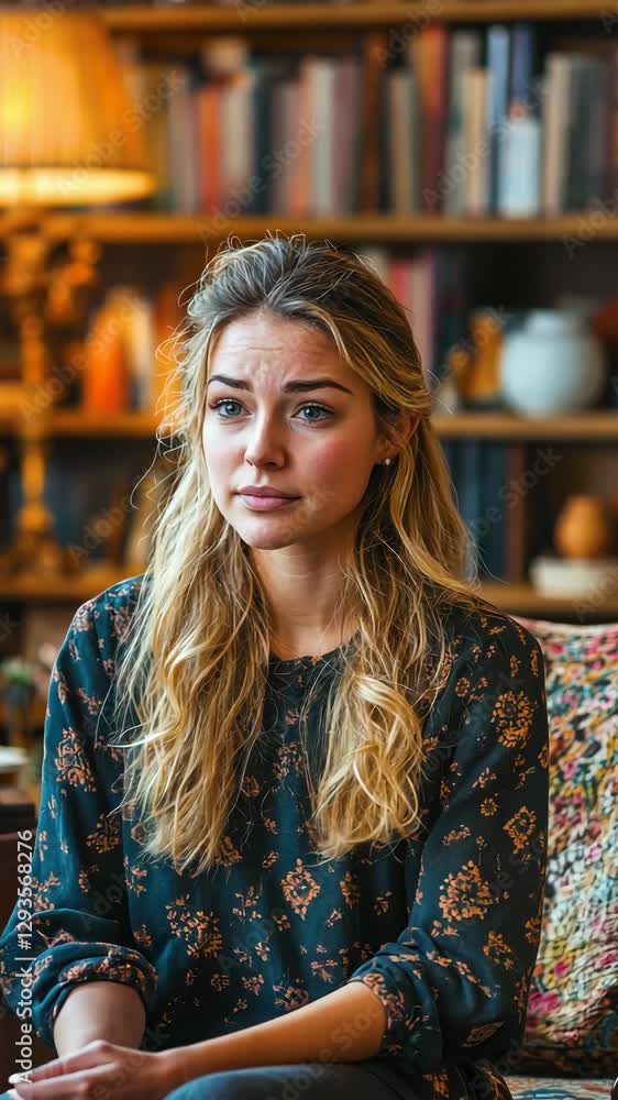 Woman engaged in conversation at cozy library setting Woman engaged in conversation at cozy library setting