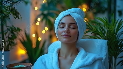 Woman relaxes in spa robe, face mask, plant backdrop