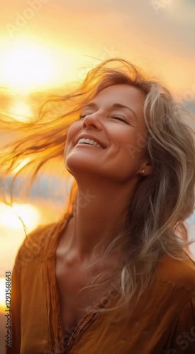 Middle-aged woman enjoys the warm evening breeze at sunset, closing her eyes and feeling free as her hair gracefully flows in the wind.
