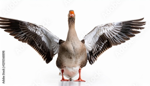 Funny Goose Standing Sideways with Pointed Wing on White Background A Humorous and Quirky Portrayal of a Fowl Frolicking in Whiteness