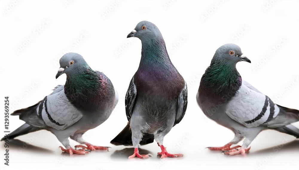 Laugh Out Loud A Charming Gaggle of Curious Pigeons Cock their Heads in Wonder Isolated Against a pristine White Backdrop, Evoking Humor and Whimsy. Laugh Out Loud A Charming Gaggle of Curious Pigeons Cock their Heads in Wonder Isolated Against a pristine White Backdrop, Evoking Humor and Whimsy.