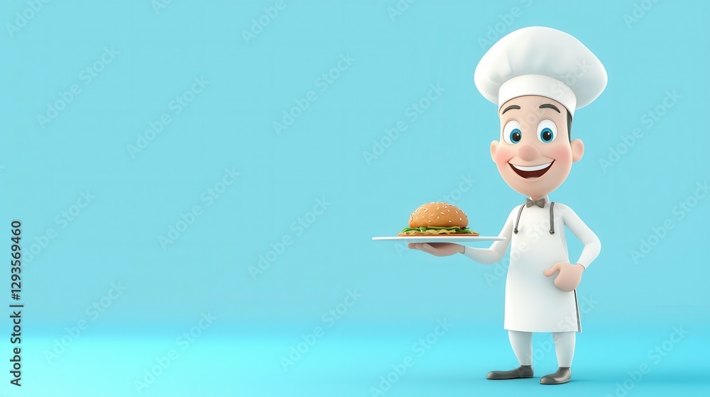 Cute cartoon waiter serving food on a tray in a restaurant environment Cute cartoon waiter serving food on a tray in a restaurant environment