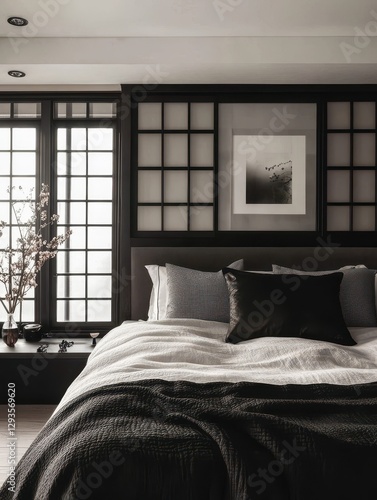 A minimalist bedroom showcasing a modern dark bedroom interior photo