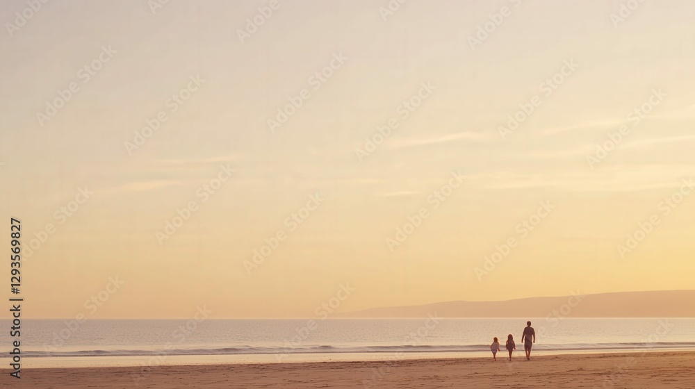 Family enjoying an evening walk on the beach, calm and serene atmosphere with golden hour lighting Family enjoying an evening walk on the beach, calm and serene atmosphere with golden hour lighting