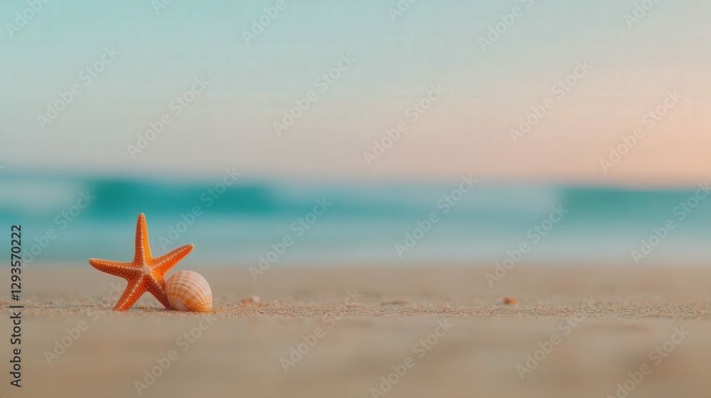 A minimalist arrangement of seashells and a starfish on the sand, with blurred waves and a serene atmosphere A minimalist arrangement of seashells and a starfish on the sand, with blurred waves and a serene atmosphere