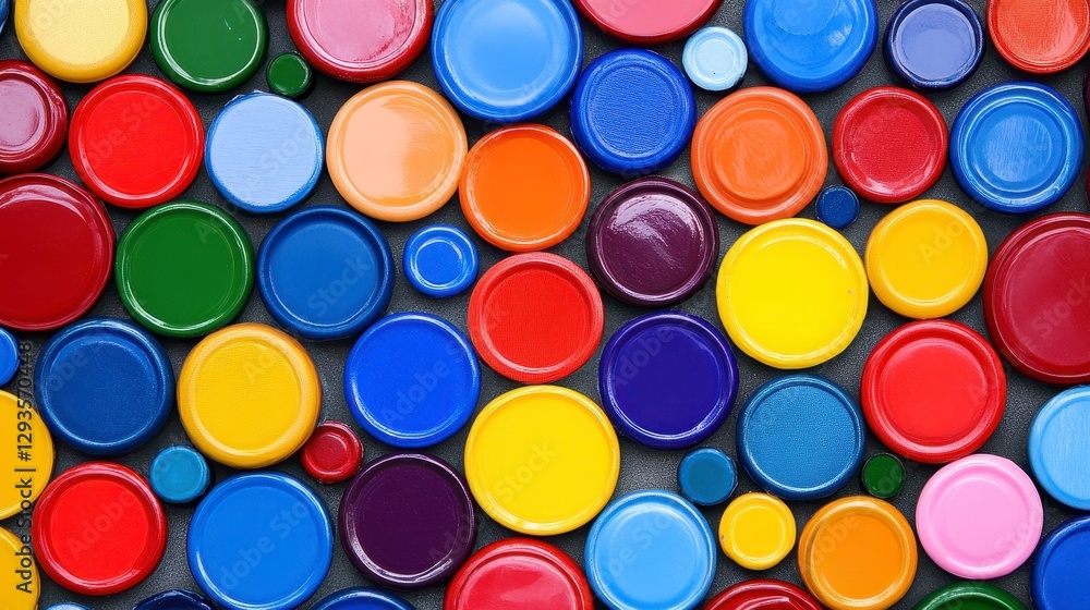 Colorful Round Plastic Bottle Caps Set on Dark Background Colorful Round Plastic Bottle Caps Set on Dark Background